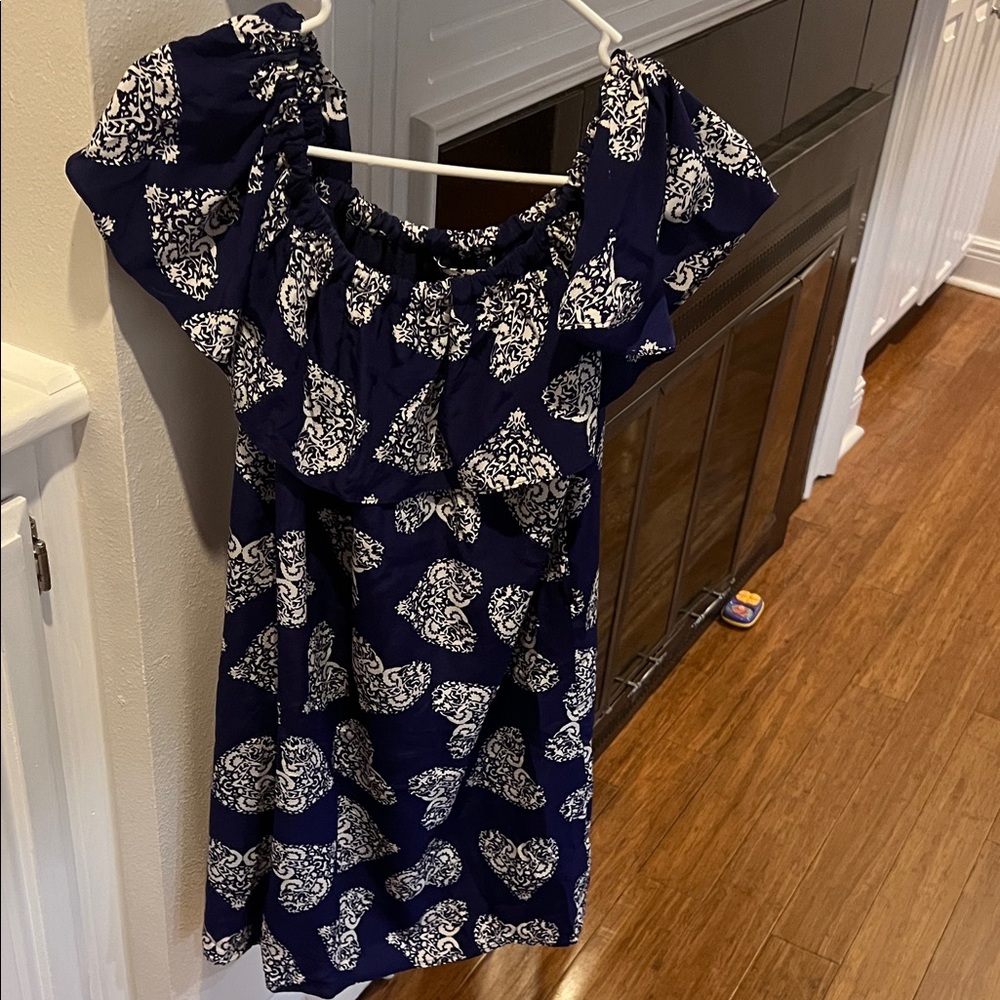 Navy Blue and White Off-Shoulder Dress